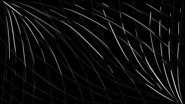 Changing white hatching lines on a black background. Thin white strokes splash outward in different directions in 4K.