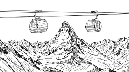 Mountain peaks and cable cars coloring page featuring snowy summit with gondola transport in black and white line art for travel and adventure designs. © hossain