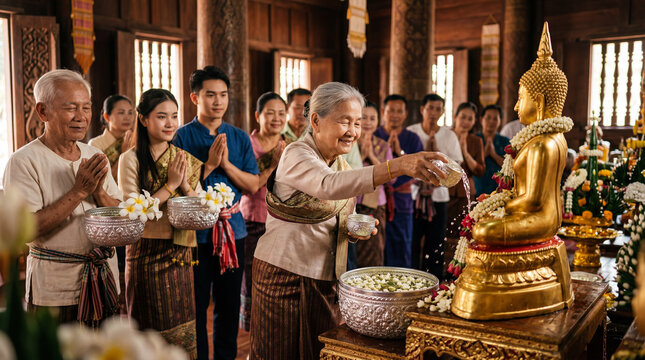 Lao family performing the traditional Buddha water pouring ritual during Lao New Year at a Buddhist temple