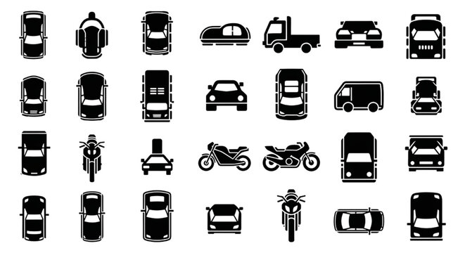 Vehicle Silhouette Icon Set Cars, Trucks, Vans and Motorcycles Top and Front View
