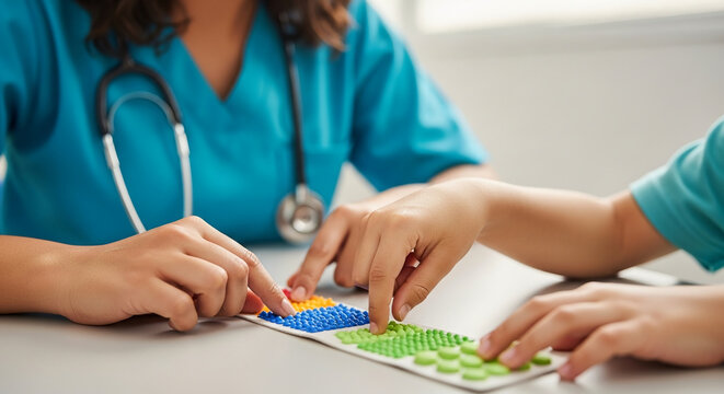 Occupational therapist working with a patient on tactile sensory motor skills using colorful textured dots in a clinical hospital setting.
