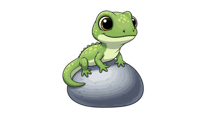 Fototapeta premium Cute Cartoon Green Gecko Sitting on a Smooth Grey Stone Vector Illustration for Kids Design