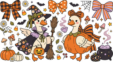 Fototapeta premium Cute watercolor illustration featuring two geese dressed in halloween costumes with pumpkins bats bows and a magic cauldron on white background