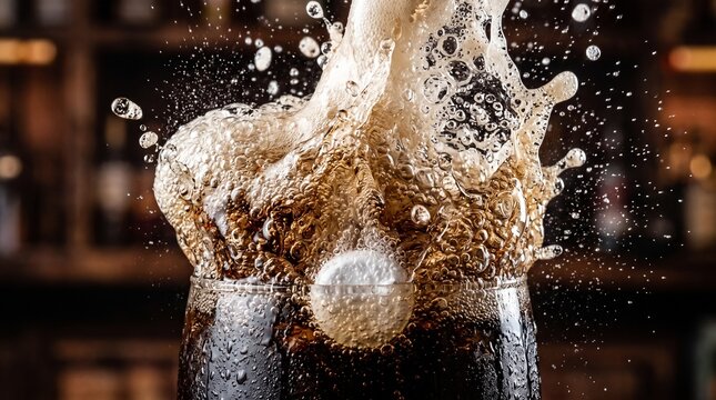 detailed Macro photo of mentos dropping into cola 2k showing abstract micro structural details and textures with professional studio lighting