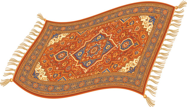 Flying magic carpet vector illustration with ornate oriental pattern, isolated arabian fantasy fairytale rug.
