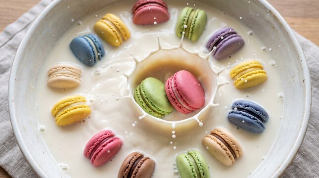 detailed Macro photo of macarons floating in milky bath showing abstract micro structural details and textures with professional studio lighting