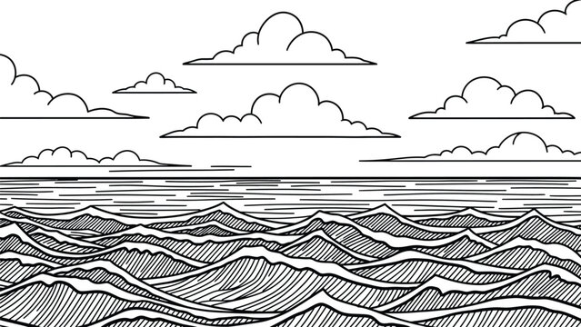 Vast ocean scene under cloudy sky, featuring rolling waves with textured patterns extending to horizon for serene seascape background.