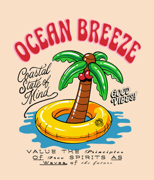 Balloon palm tree vector Artwork. Ocean Breeze Summer Typography. Coastal State of Mind text. Good Vibes Slogan. kids graphic Design.  clothing fashion art. 