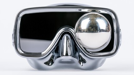 Chrome snorkel mask visor reflecting a shiny ball