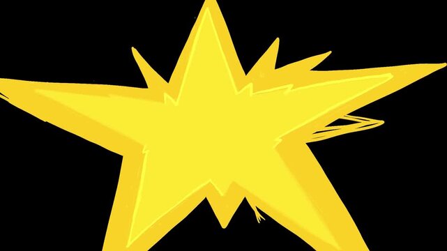 Bright cartoon star with flashes and scaling animation on a black background. Hand-drawn sparkling star in Full HD.