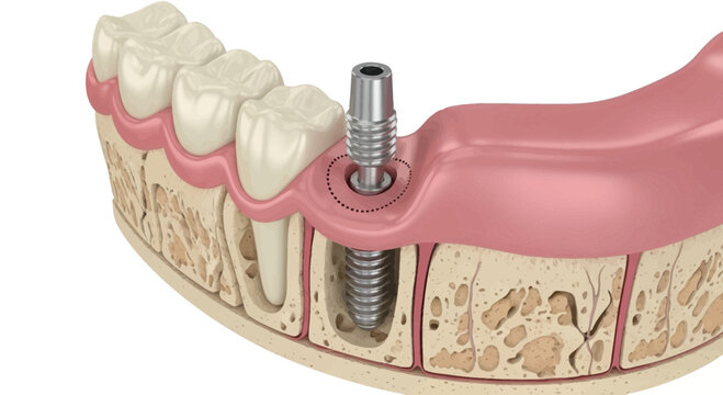 3D Medical Illustration Showing Dental Implant Procedure in Human Jaw Bone Cross Section
