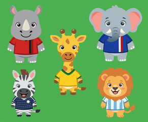 Naklejka premium Cute cartoon safari animals set with colorful sports jerseys in flat vector style for kids education or sports team mascot