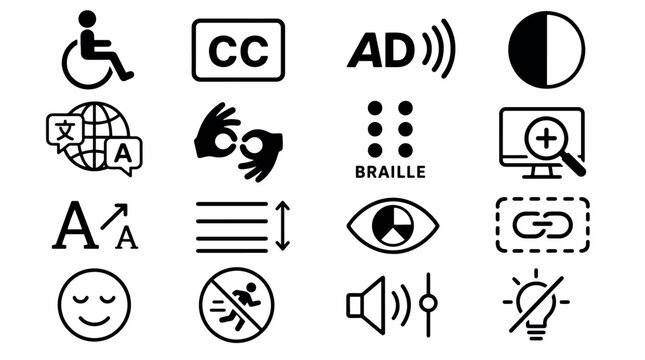 Collection of accessibility icons representing various features for inclusive user interfaces and.
