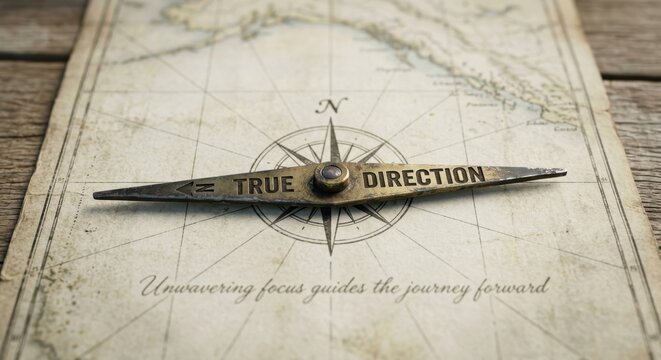 Brass compass points true direction on vintage map