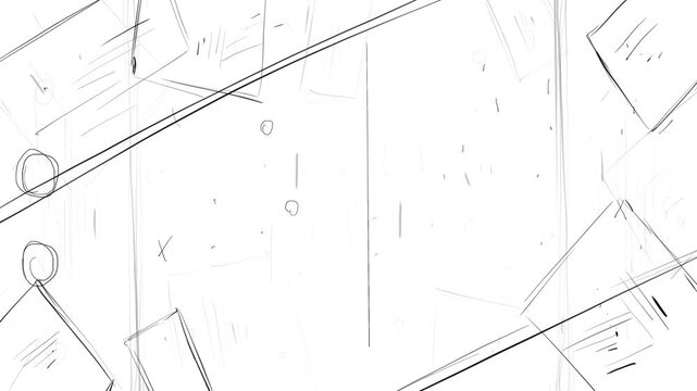 Black ribbon like lines and strokes on a white background. Dynamic rough sketch effect with hand drawn line and hole textures in 4K.