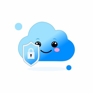 Cute cloud mascot with shield and lock, representing secure cloud storage, cybersecurity, data protection, and online privacy