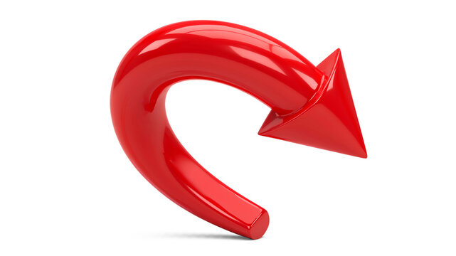 Glossy red arrow symbol curving to the isolated on png transparent background