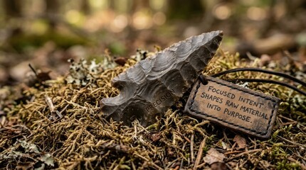 Fototapeta premium Ancient stone arrowhead rests on mossy forest floor