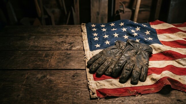 Labor day tribute american flag with worker's gloves on wooden table