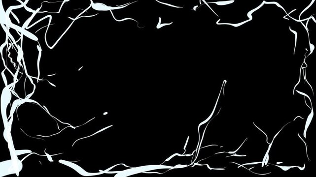 Chaotic white lightning and flashes on a black background. Hand-drawn animation of random curved lines for electric overlay in 4K.