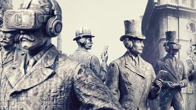 A vintage themed sequence featuring old relic stone statues of Victorian style gentlemen holding smartphones and wearing smart technologies.
