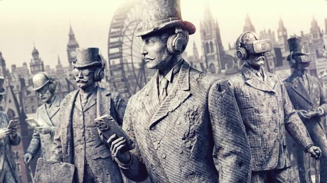 A vintage themed sequence featuring old relic stone statues of Victorian style gentlemen holding smartphones and wearing smart technologies.
