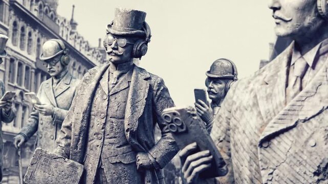 A vintage themed sequence featuring old relic stone statues of Victorian style gentlemen holding smartphones and wearing smart technologies.
