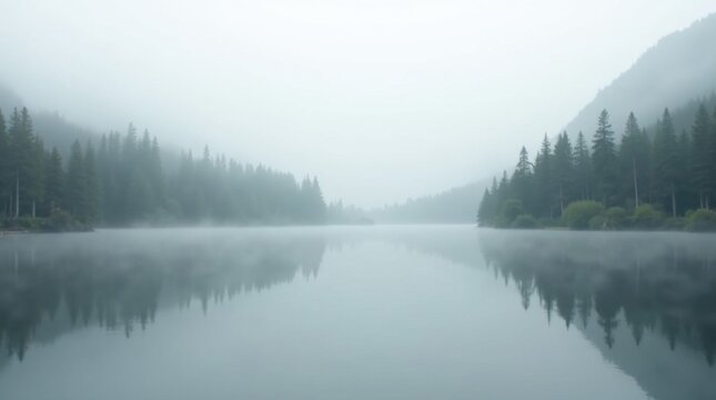 Suave bruma matutina flotando sobre un tranquilo lago de monta&ntilde;a que refleja bosques de hoja perenne; aguas serenas