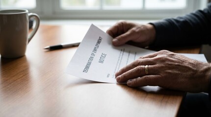 Fototapeta premium A person holding a termination of employment notice while sitting at a wooden table with a coffee mug nearby.