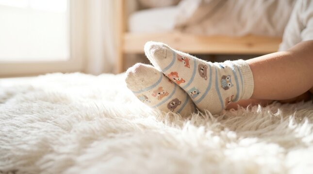 Cozy feet wearing cute animal-patterned socks resting on a soft, fluffy white rug near a sunlit window.