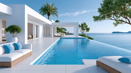 Fototapeta premium Luxury modern villa with infinity pool facing ocean view