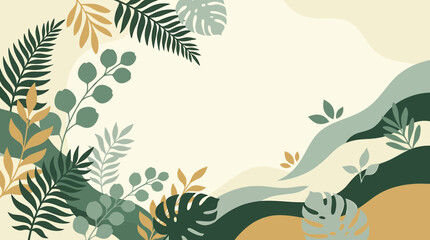 Fototapeta premium Vibrant Tropical Landscape illustration of lush green and yellow foliage with wavy lines