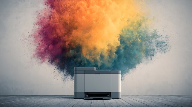 A printer releasing colorful powder clouds on a wooden floor. Concept for creative printing services and vivid color.
