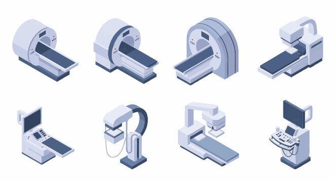 Isometric medical equipment and technology devices illustration.