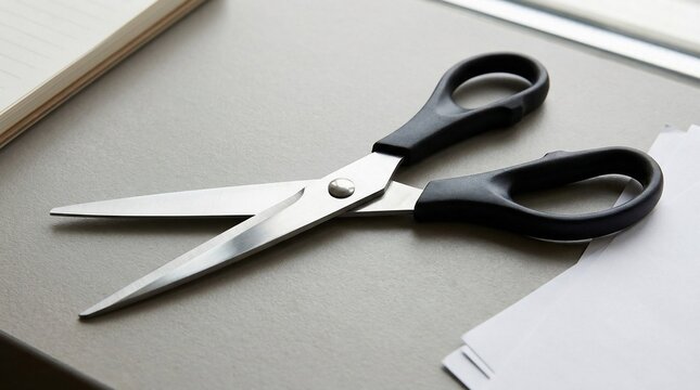 Black handled scissors on a desk with paper