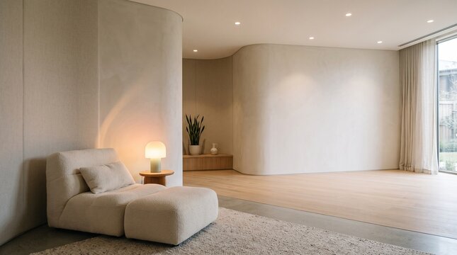 Minimalist neuroinclusive corporate sensory decompression room with modular lounge chair and empty negative space wall