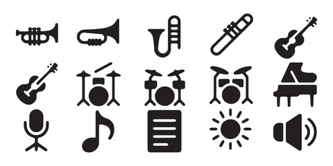 Musical instruments and audio equipment collection featuring horns drums piano and brass accessories. © MdAshiqur