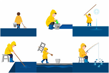 Set of financial metaphors with a child in a yellow raincoat fishing for stock market profits, data, and wealth