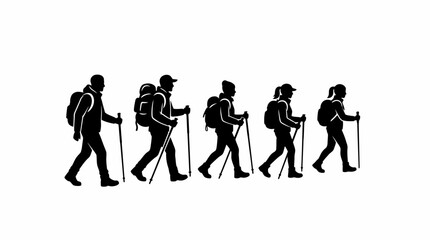 Obraz premium A vector illustration depicting a group of four hikers in silhouette, each carrying a backpack and using trekking poles.