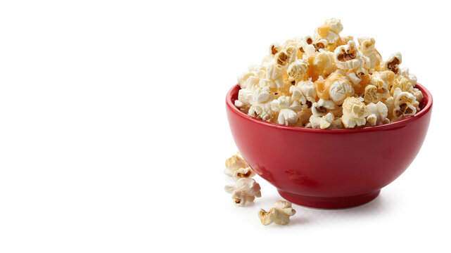 Red bowl filled with popcorn on a isolated on png transparent background