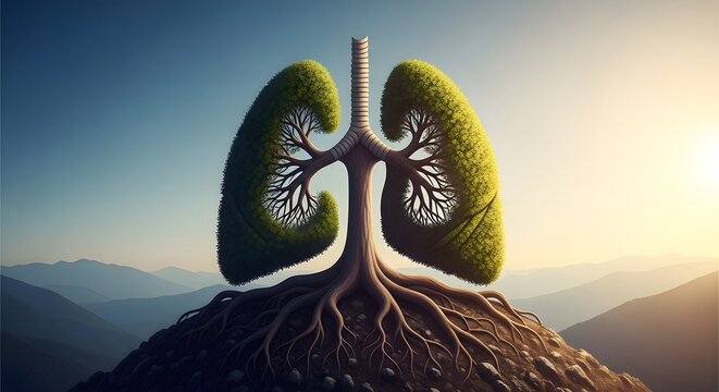 Human lungs silhouette on mountain peak at sunrise with nature landscape background