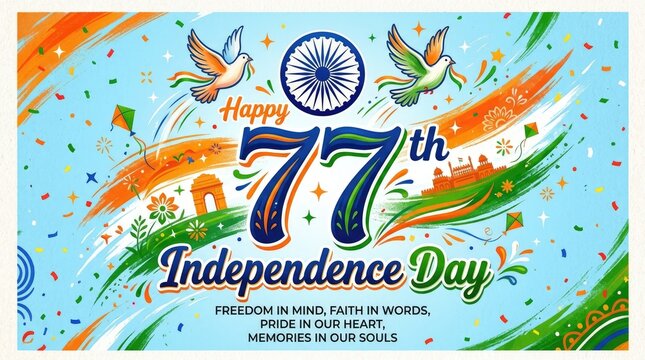 Indian independence day 77th anniversary celebration graphic with national symbols