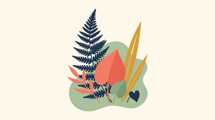 Fototapeta premium A serene minimalist botanical landscape features a lush green plant surrounded by vibrant orange leaves and a tall dark blue fern.