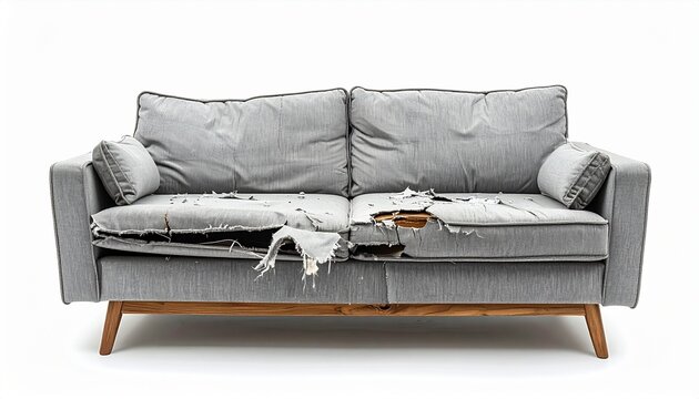 Gray sofa with blanket and tray on wooden legs, modern living room interior, cozy home decor setup
