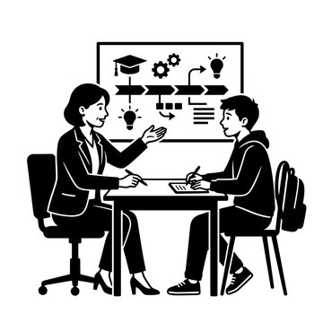 Teacher mentors a student during a private academic tutoring session in a professional setting.