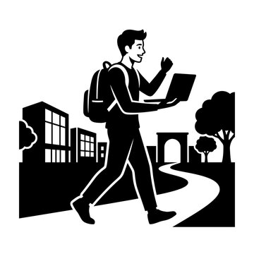 Student carrying a backpack walks through a city campus while working on a portable laptop.