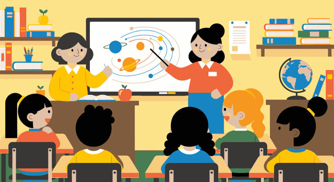 A teacher presents a colorful lesson plan on a whiteboard to students in a classroom setting with a globe and books nearby.