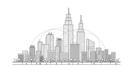 Obraz premium Skyline Cityscape Sketch Featuring Iconic Skyscrapers Under Arched Horizon Line