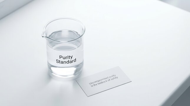 Glass beaker with pure liquid and quality standard card