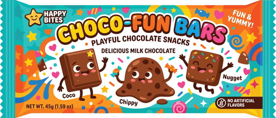 Fototapeta premium Choco-fun bars playful chocolate snacks with happy bites brand packaging design.